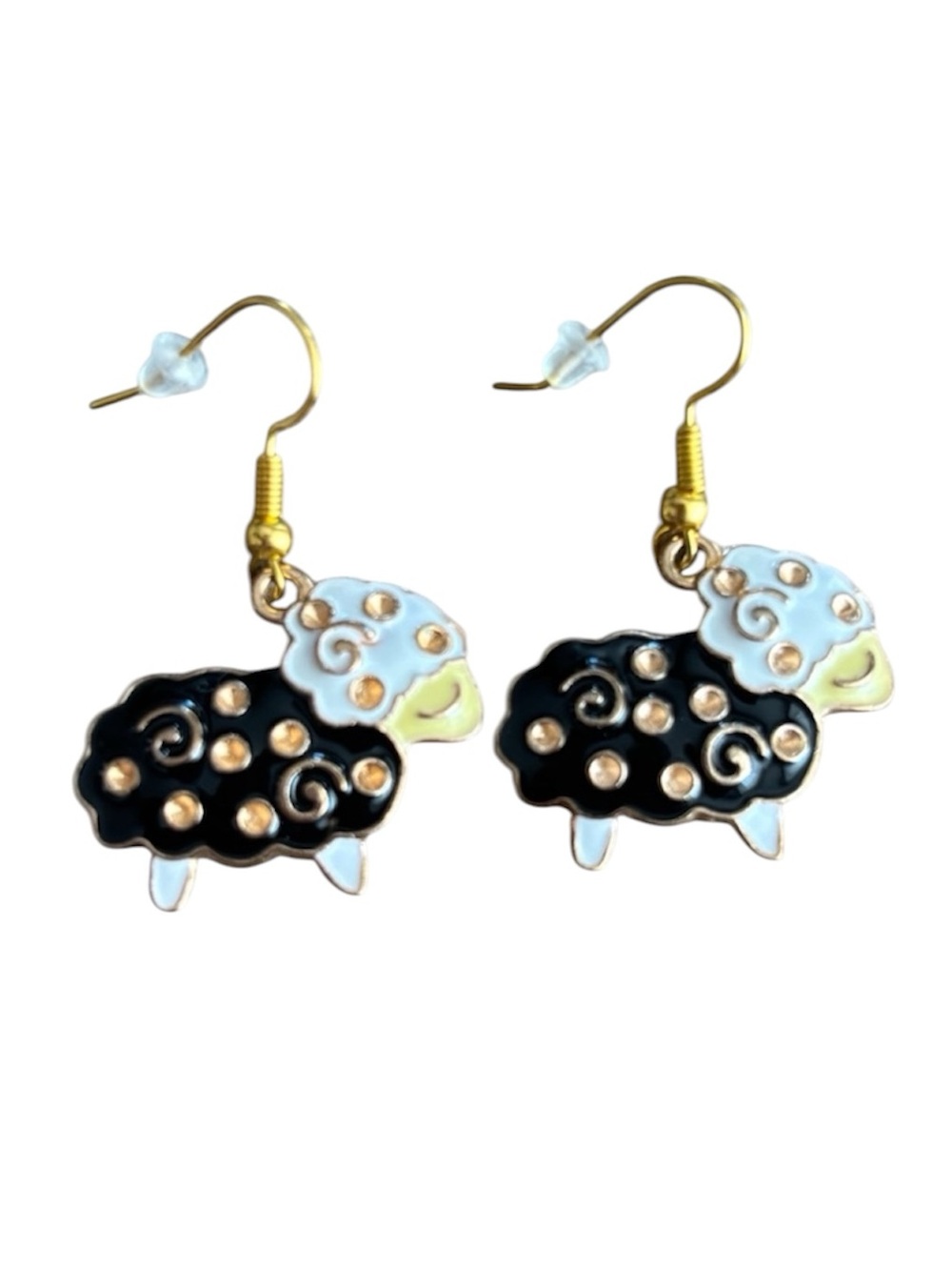 5/$10 Whimsical Sheep Dangle Earrings – Black & Gold Enamel